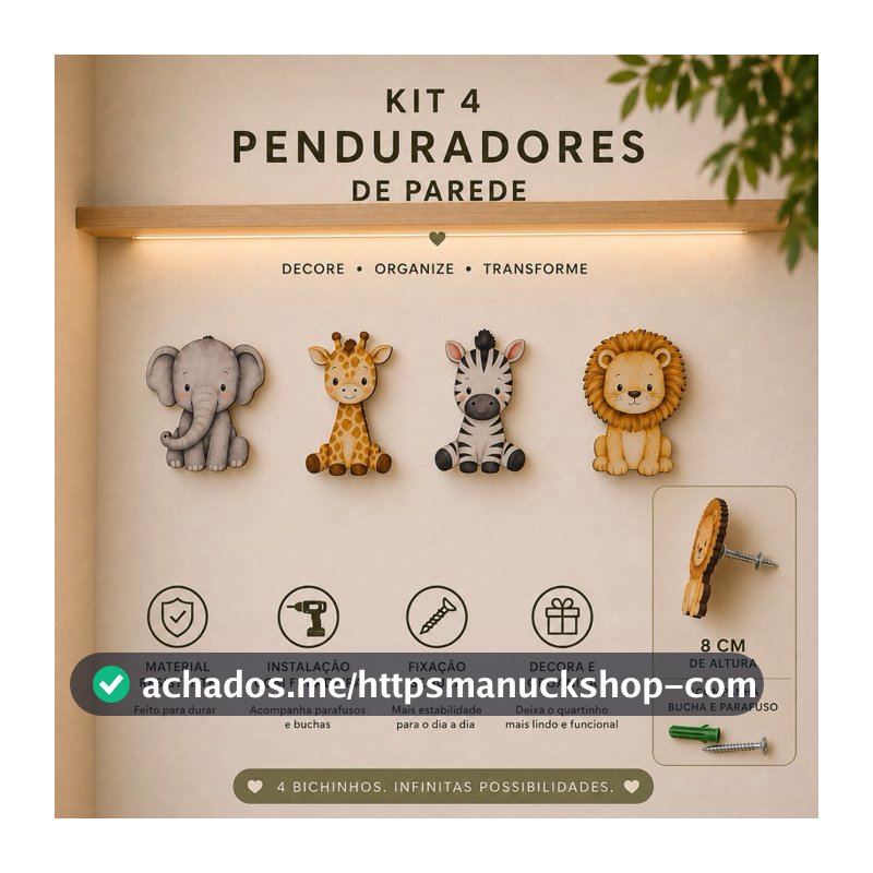 kit 4 unidades de Gancho Boho Infantil de Bichinhos Safari em MDF – Pendurador Decorativo – Infantil – Selva – Cabideiro