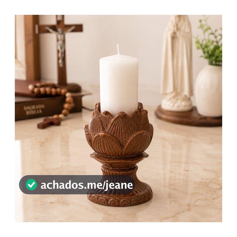 Castiçal Decorativo Flor De Lótus Marrom Mármore Reconstituído Porta Vela 7 Dias Altar Oratório Mesa Sala Decoração