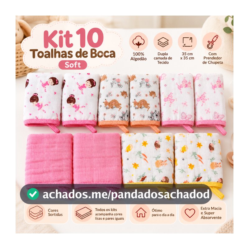 Kit 10 Toalhas Paninho Pano de Boca Bebe Soft 100% Algodão Menino Menina Sortido Enxoval