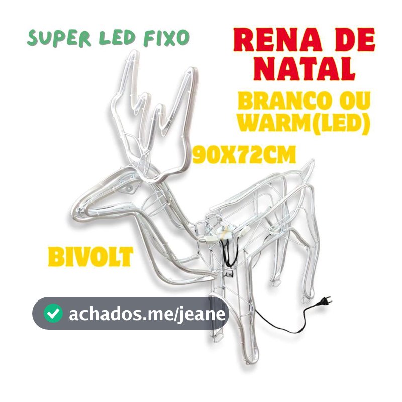 Rena De Natal 90x72Cm Bivolt 110V/220V Mangueira Warm Ou Branco Super LED Fixo Natalina