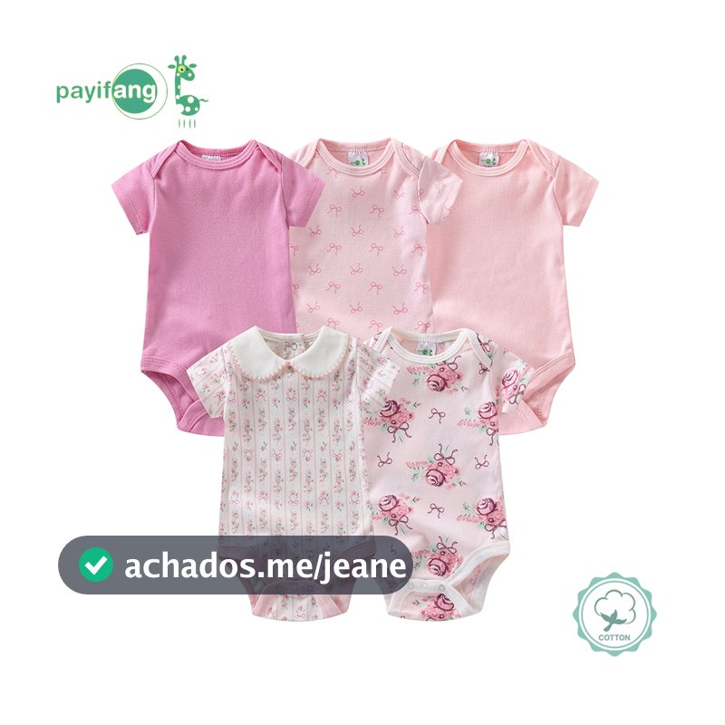 Kit 5 Pecas Body Bebe Manga Curta   Meninos e meninas  60% algodão, 40% poliéste