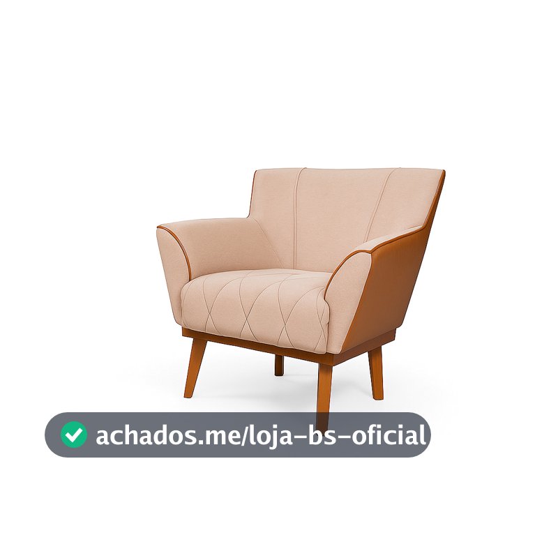 Poltrona Madri Linho Detalhe Courino Pés Madeira Sala Estar Quarto Recepção