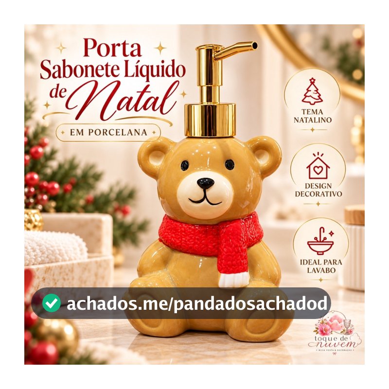 Porta Sabonete Líquido Natalino Ursinho Porcelana 18,5cm Dispenser Banheiro Lavabo Presente de Natal