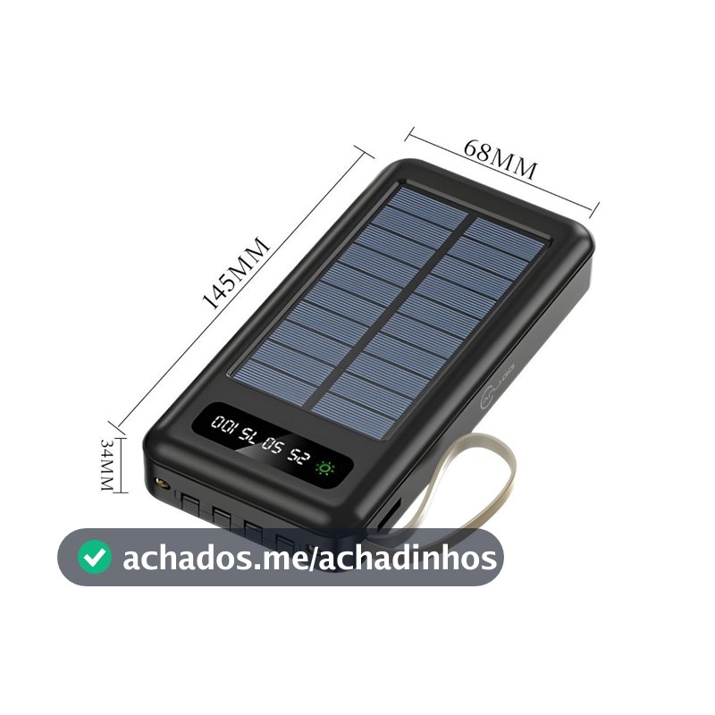Carregador Portátil Solar 20000mAh Power Bank com Cabos Embutidos Display Digital USB Rápido
