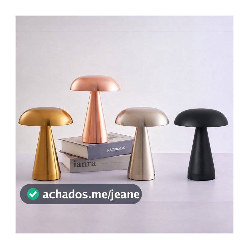 Luminária Abajur de Mesa Cogumelo Portátil Metálico LED, Sem Fio, Quarto Restaurante, Recarregável USB, Touch com Dimmer