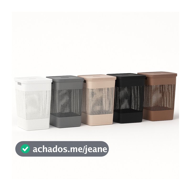 Cesto de Roupas Grid com Tampa Plastico OU Bambu 49L Organizador de Lavanderia OU