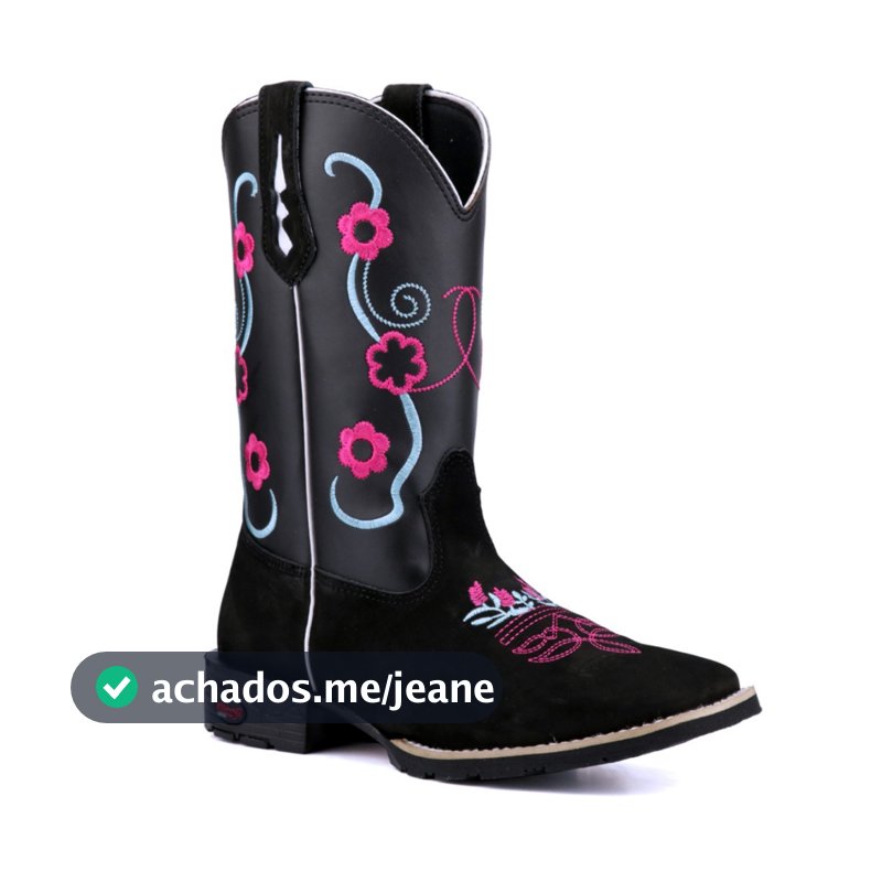 Texana em Couro Legítimo Preto com Bordado Floral Rosa Estilo, Conforto Premium e Durabilidade