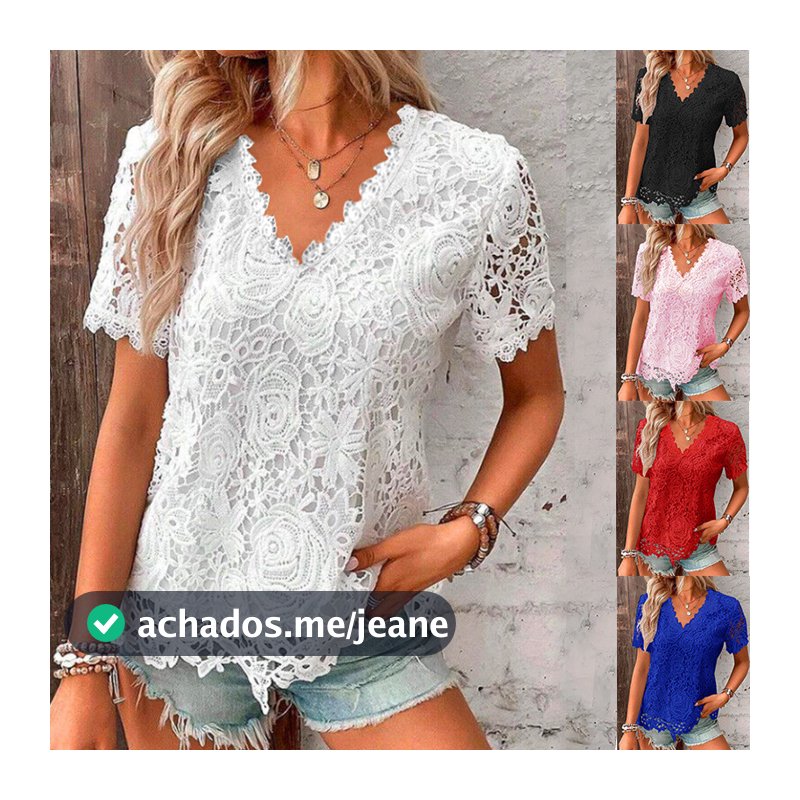 Nova Camiseta Elegante Com Decote Em V De Renda De Manga Curta