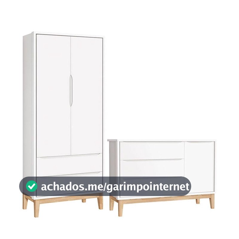 Cômoda com Porta e Guarda Roupa Infantil 2 Portas New Classic Branco com Pés Madeira Natural – Reller
