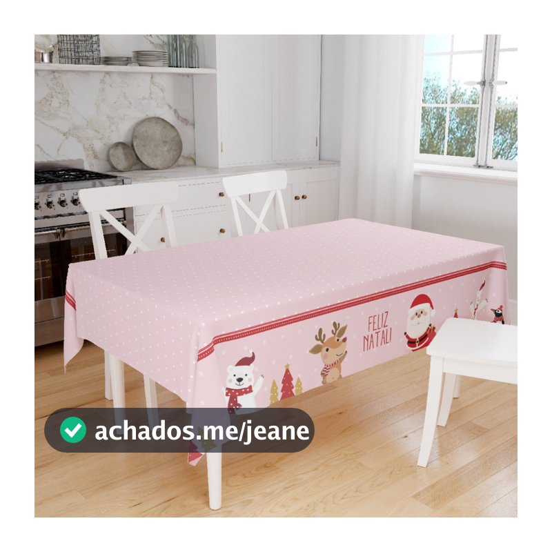 Toalha de Mesa Retangular Natalina Serve 4 e 6 Lugares Decoração Elegante Papai Noel e Rena Rosa