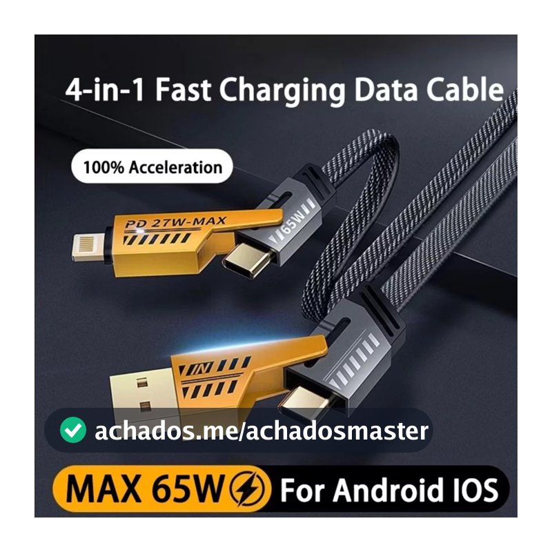 Cabo Turbo Tipo C para iPhone Xiaomi Samsung USB 4 em 1 Turbo 65W/PD 27W Cabeça de Metal Revestida de Nylon