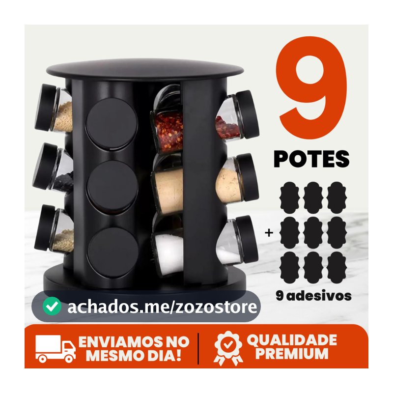 Porta Tempero Condimento Girátorio 9 Potes Cozinha Preto 360 Graus Organizador Dosador Profissional