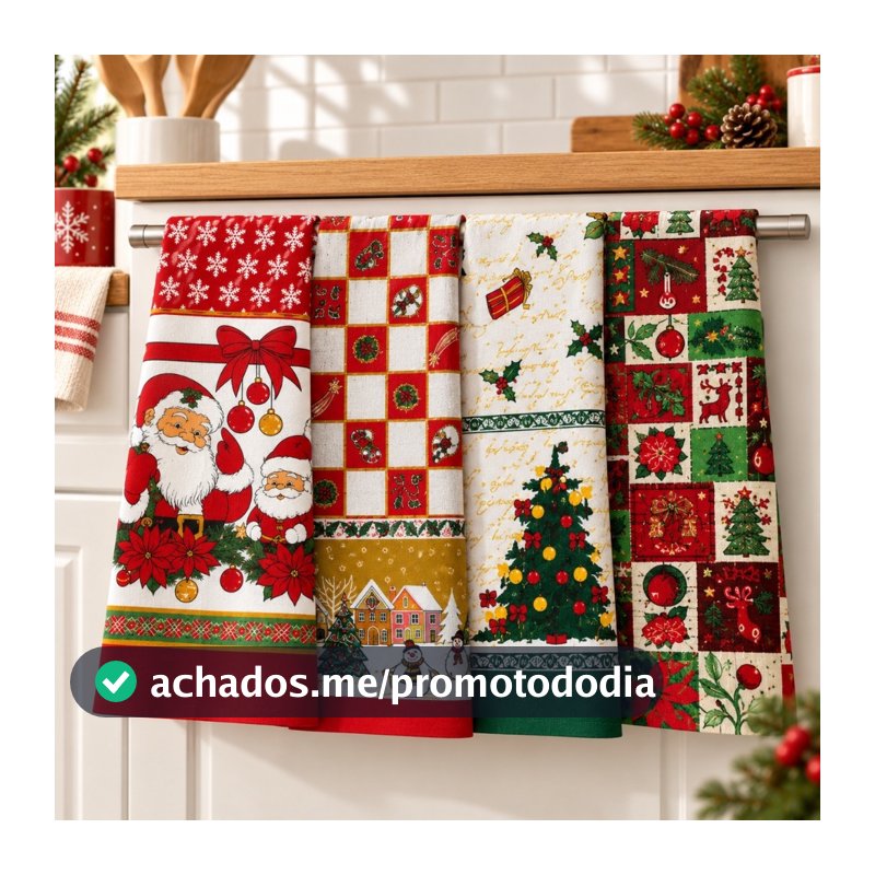 Kit 5 Panos de Prato Grandes 65x45cm Estampas Variadas Natal Cozinha Papai Noel Festa Fim de Ano