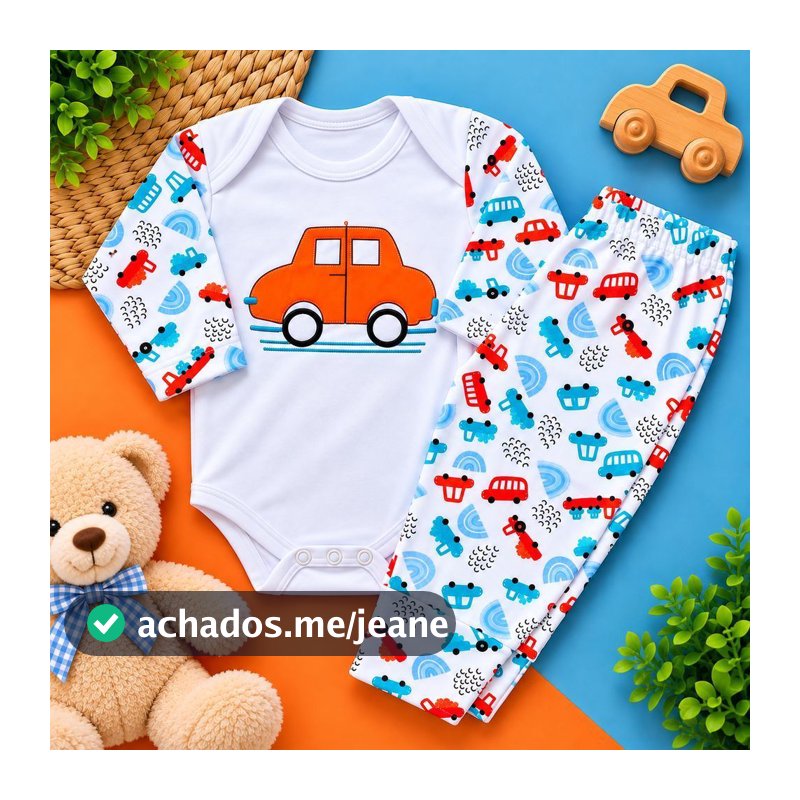 Conjunto para Bebê Body Com Manga Longa e Calça Malha Algodão Suedine Fresquinha para Verão Estampas de Menino