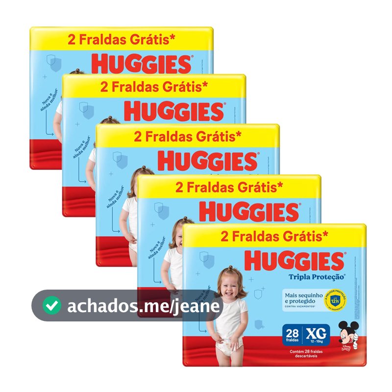 Kit 5 Fraldas Huggies Tripla Proteção Meguinha XG - 140 Tiras