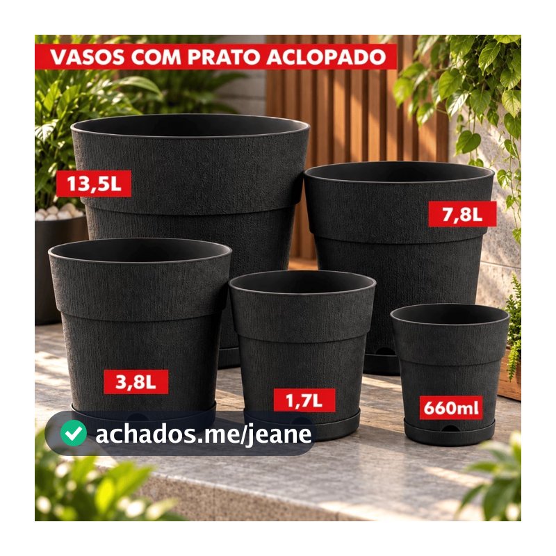 Kit 5 Vasos de Planta Com Prato E Drenagem Decoração Para Casa Proteção Antidengue Autoirrigável 13,5 L 7,8 L 3,8 L 1,7