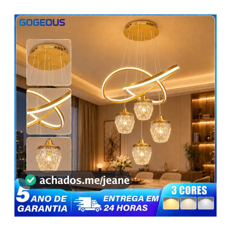 110V-220V Lustre Pendente LED 3 Cores Dourado Cristal para Sala de Jantar Moderno Luxo Ajustável Bivolt