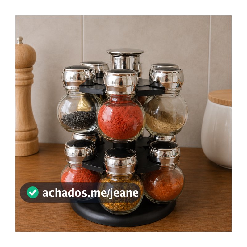 Conjunto 12 Porta Temperos de Vidro Poli Preto com Tampa Plástica Base Giratória Wolff para Cozinha Organização Prática