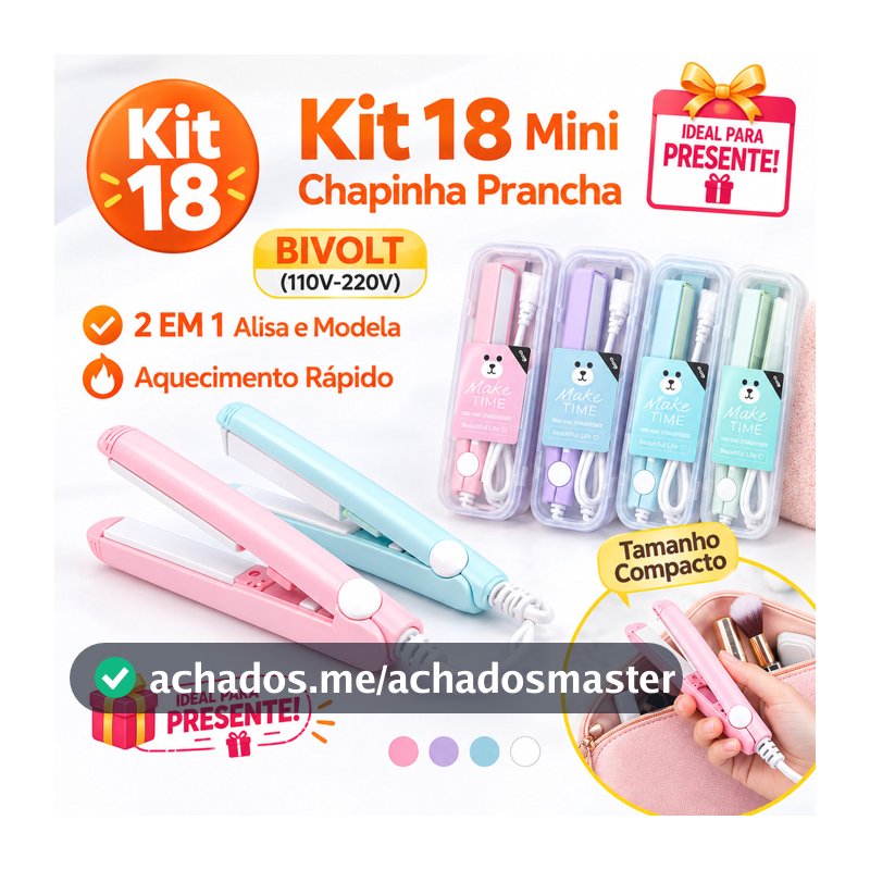 ✨ Atacado Kit 3/18 Chapinha Bivolt Estojo Viagem |  Revenda Brinde Corporativo | Prancha Portátil Pequena Presente