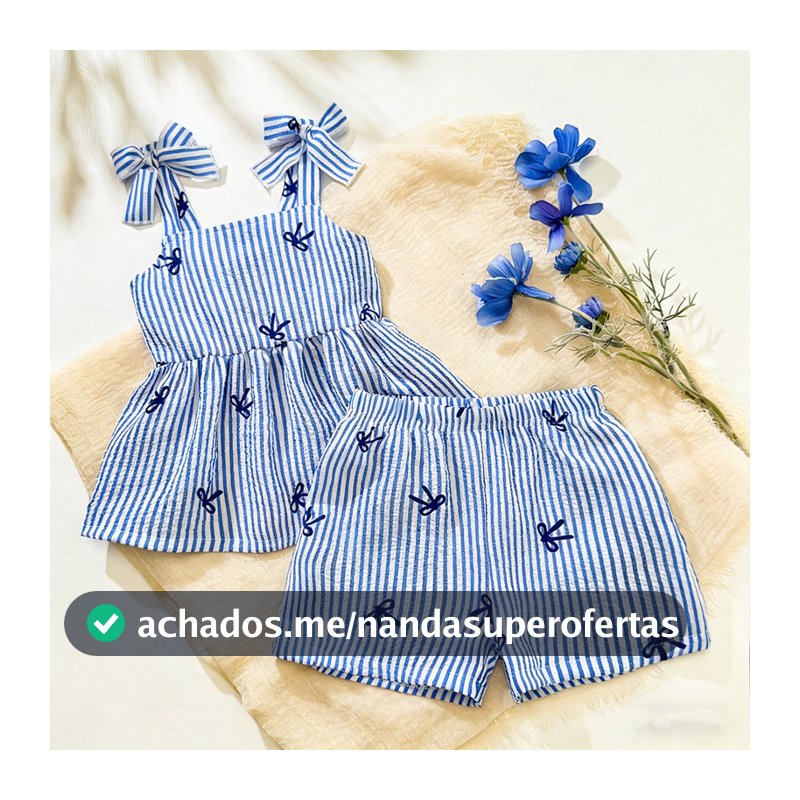 Criança Menina 9M-3Y Verão Novo Elegante Azul Listrado Arco Decoração Conjunto De 2 Peças Sem Mangas Babados Alça De Omb