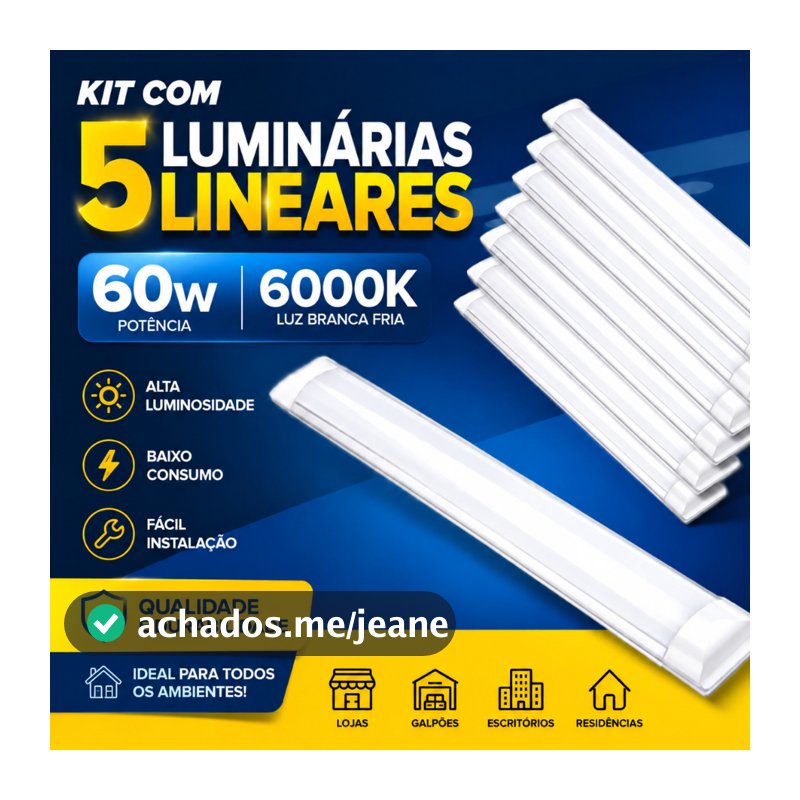 Kit 5 Luminárias Linear Tubular 100cm Sobrepor 60w Led Branco frio 6000k