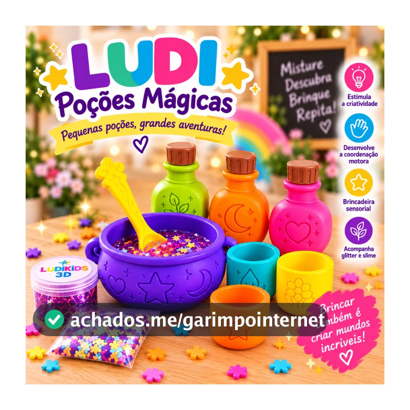 Kit Poções Mágicas Infantil Sensorial com Slime e Glitter – Brinquedo Criativo Lúdico
