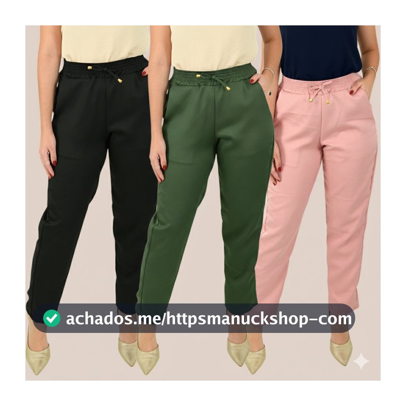 Calça Alfaiataria Feminina  Bolsos Elastico Cintura Elegante Casual