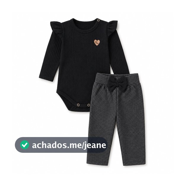 Conjunto Bebê Menina Body Canelado Preto Calça Pied de Poule Manga Longa Inverno Quentinho Ame Kids