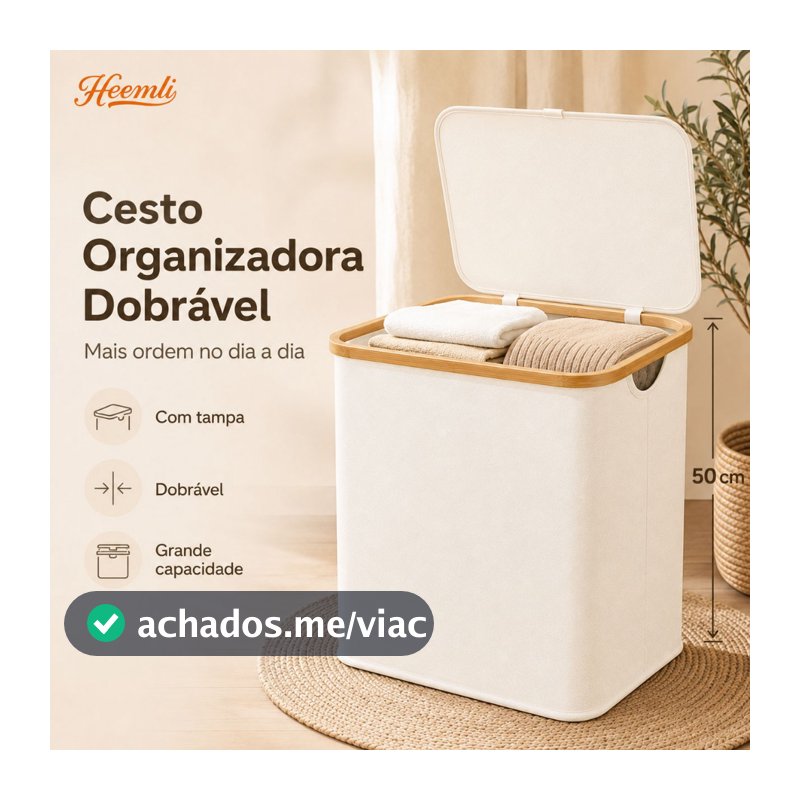 Cesto Organizador Heemli com Tampa de Bambu Dobrável para Lavanderia Sala Banheiro