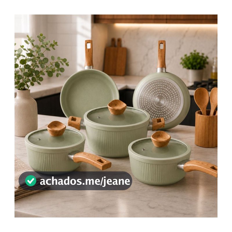 Jogo Kit Panelas Cerâmica 5 Peças Verde Nordica Indução Antiaderente Moderna Cabo Soft Touch Tampa Vidro