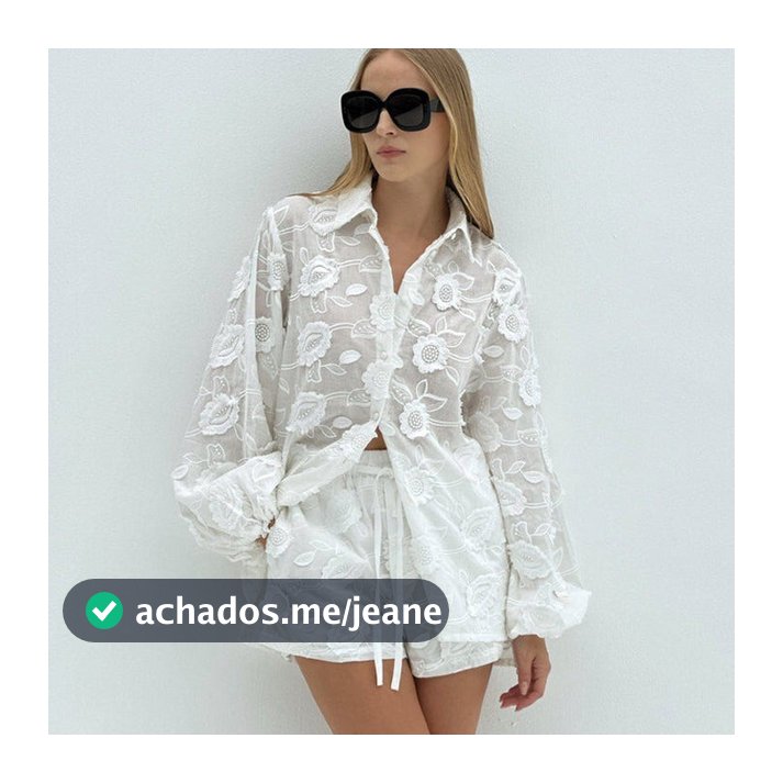 Conjunto Feminino De Duas Peças Com Bordado Floral De Algodão Branco E Shorts De Cintura Alta