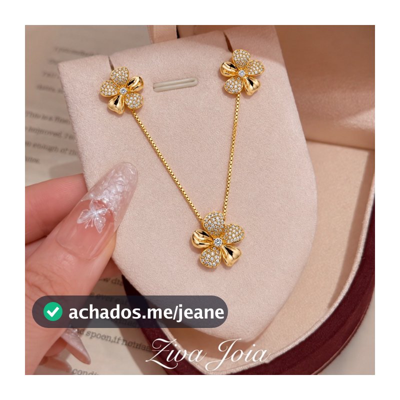 Conjunto Feminino Flor Dourado Colar E Brincos Com Zircônia Brilhante Elegante