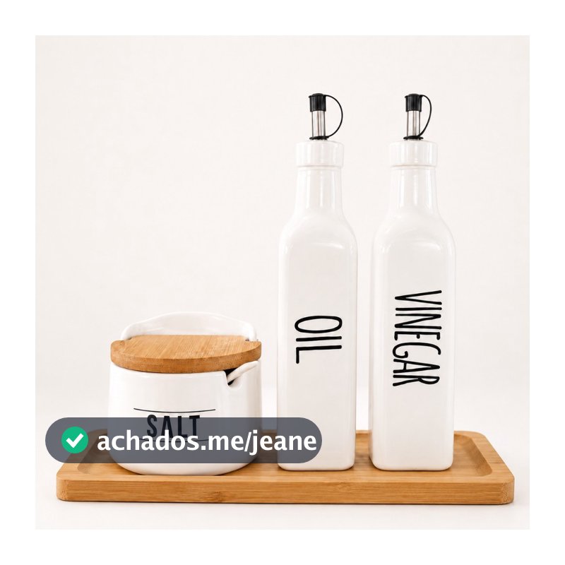Kit Galheteiro Saleiro Vinagreiro Azeiteiro Suporte de Bambu Branco de Vidro Sal Azeite Vinagre Oleo