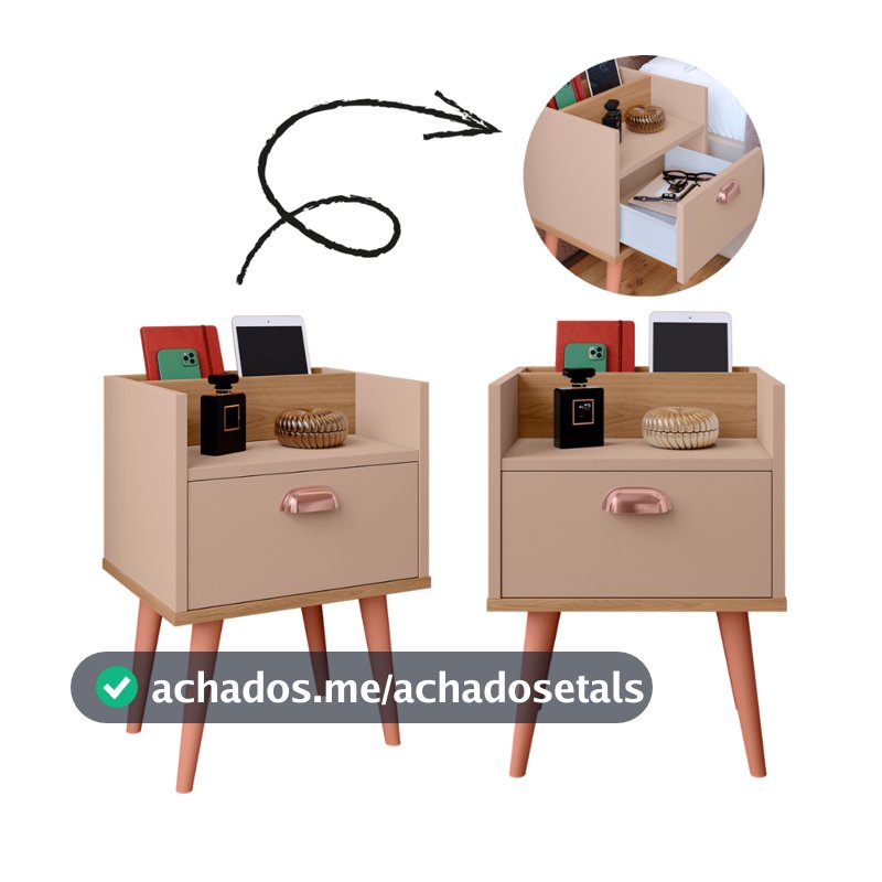 Kit 2 Mesas de Cabeceira Milena com Gaveta e Porta Celular – Criado-Mudo Retrô Moderno em MDP