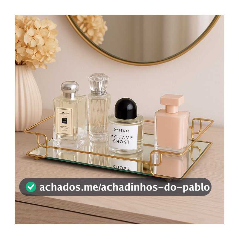 Bandeja Sofia Dourada Decorativa de Metal e Base de Espelho 20x30cm para Organização de Ambientes