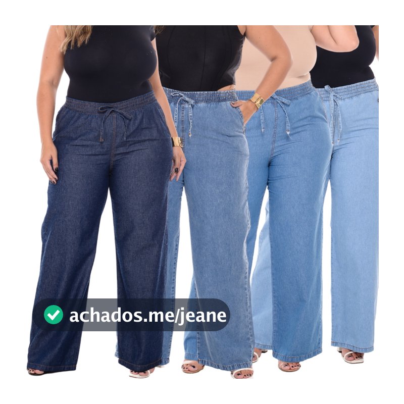 Calça Wide Leg Plus Size Jeans Feminina Cintura Alta Pantalona Tecido Leve