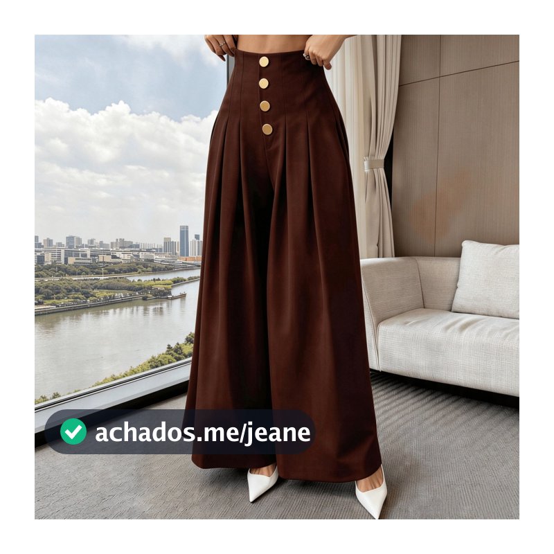 Calça Pantalona Feminina Solta, de Cor Sólida, com Botões na Frente e Pregas P M G GG G1 G2 G3