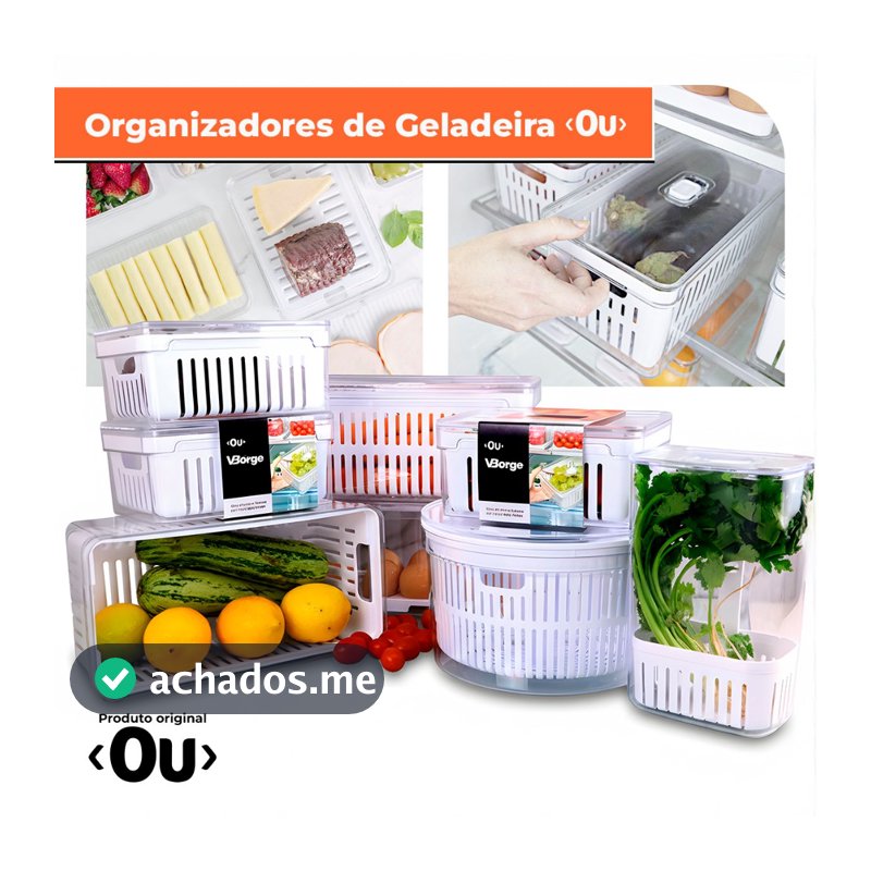 Kit Pote Organizador de Geladeira Com Escorredor Cesto Tampa Multiuso Alimentos Verdura Vegetais OU