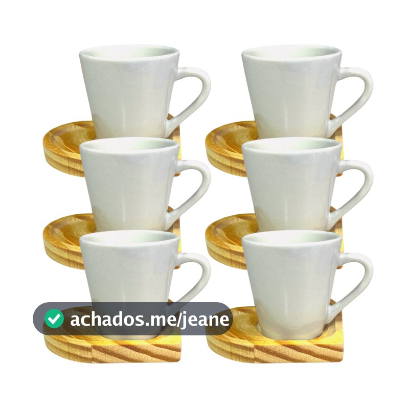 Xícaras de Café em Porcelana 120ml Com Pires Madeira Coração 12 Peças
