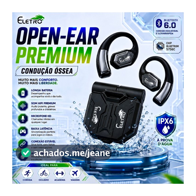 Fone de Ouvido Bluetooth 6.0 Sem Fio Open Ear com Gancho Auricular, IPX6 à Prova D'Água, Som Hi-Fi, Microfone HD, Baixa