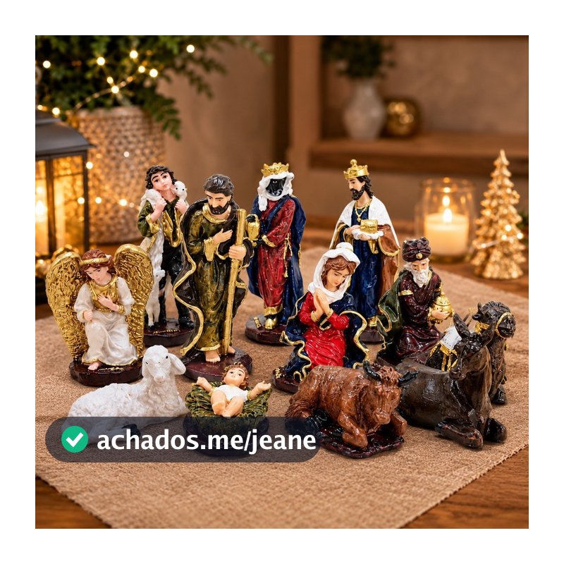 Presépio de Natal Resina Kit 12 Peças 13 cm Sagrada Família Decoração Natalina Enfeite Mesa