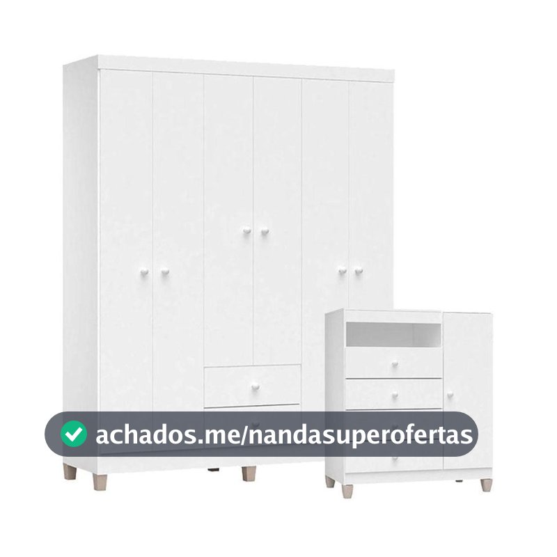 Cômoda E Guarda Roupa 6 Portas Ternura Baby Branco Brilho - Incorplac