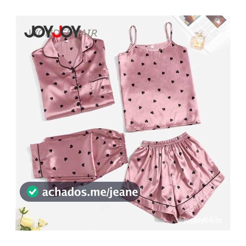 Conjunto de Pijamas de Seda 4 Peças Feminino Sexy – Camisa, Regata, Shorts e Calça Longa