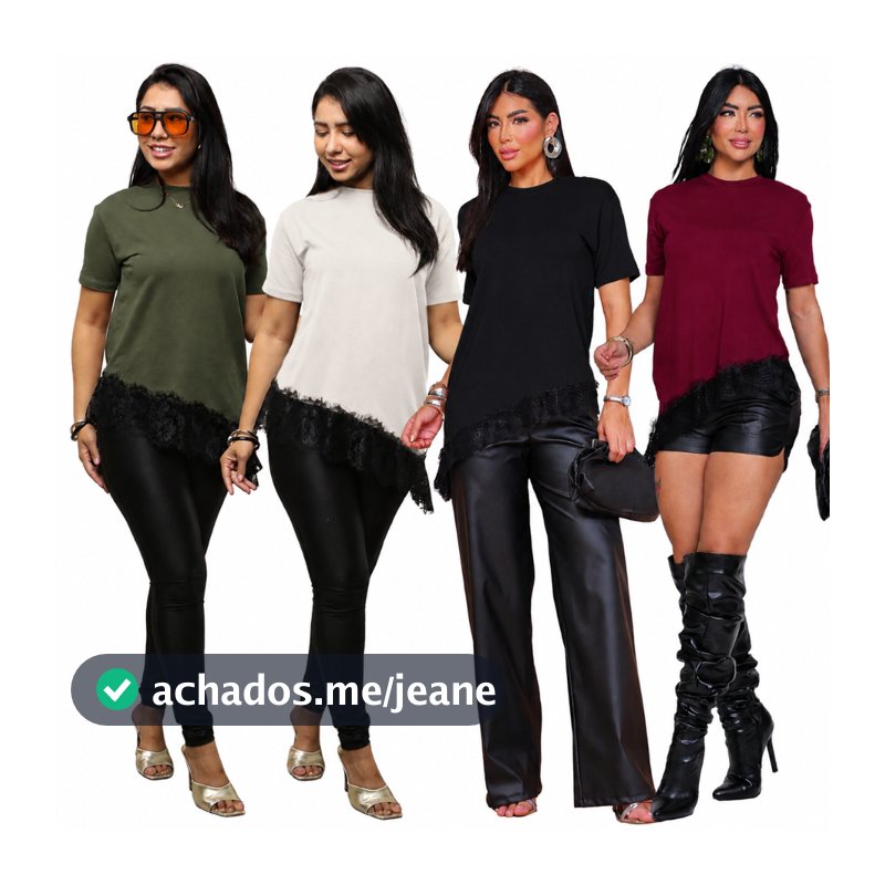 Blusa Assimétrica Feminina Moletinho com Renda Chantilly na Barra Plus Size Moda Gringa Tendência Tam M