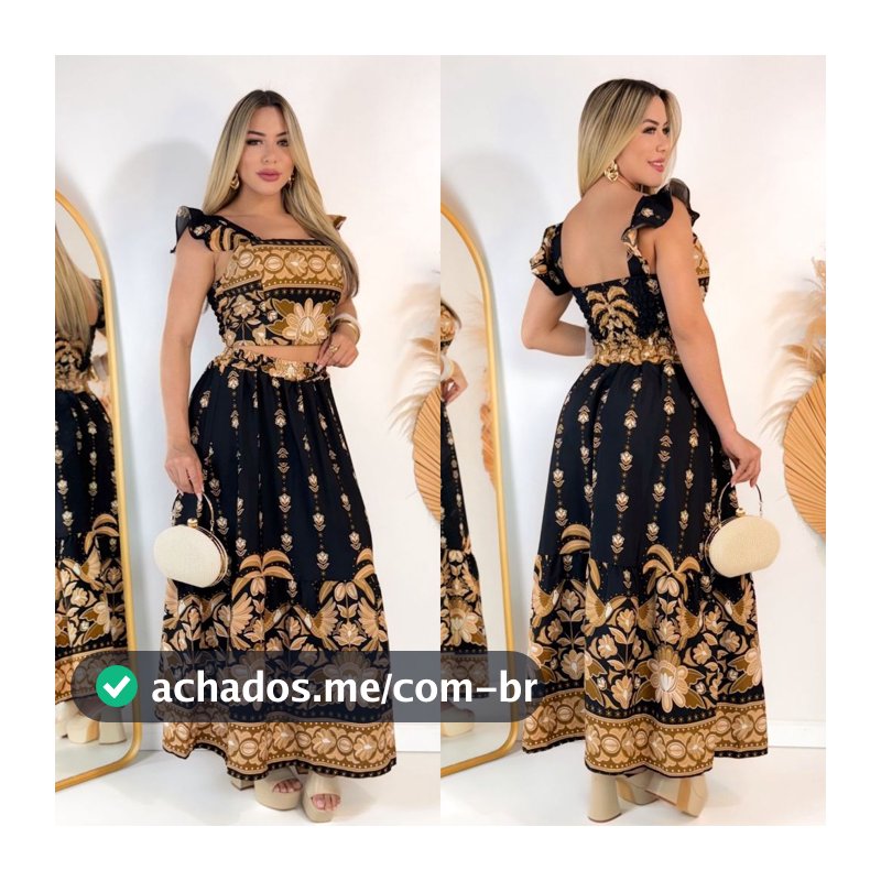 CONJUTO SAIA LONGA E CROPPED LASTEX COSTA FLORAL VERÃO COM BOJO FEMININA ESTAMPADO