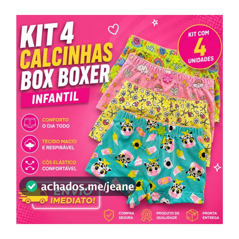 Kit 4 Calcinhas Boxer Box Infantil Menina 1 a 10 Anos com Estampas Variadas em Microfibra Confortável