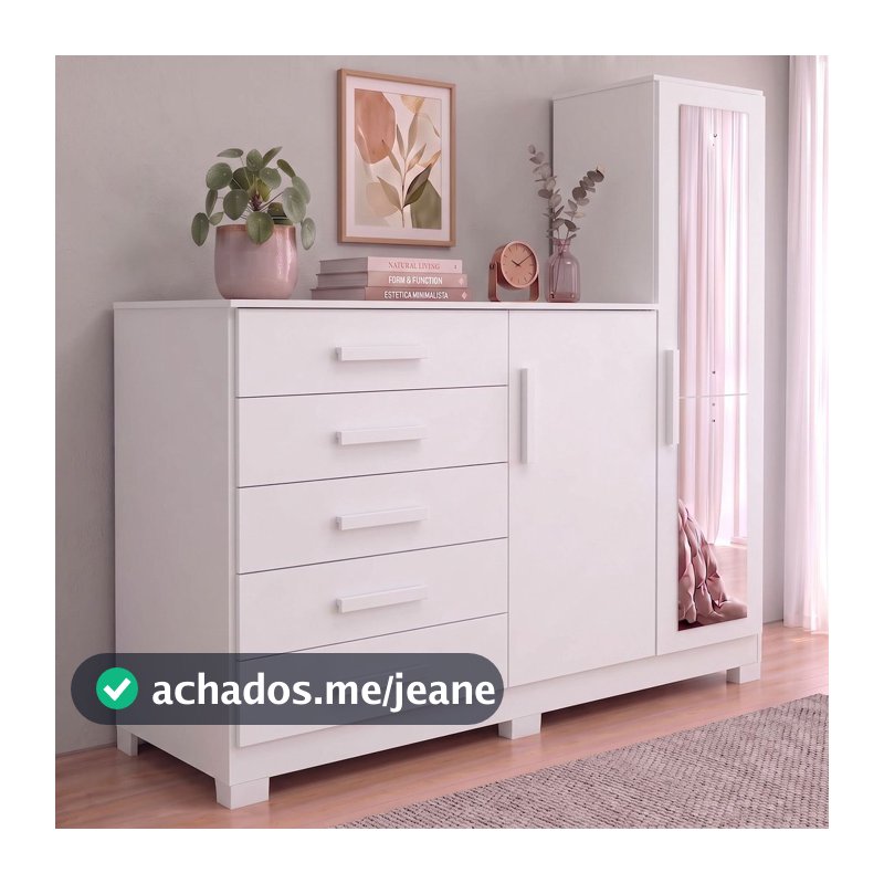 Cômoda 5 Gavetas com Espelho 2 Portas New Master Branca Branco