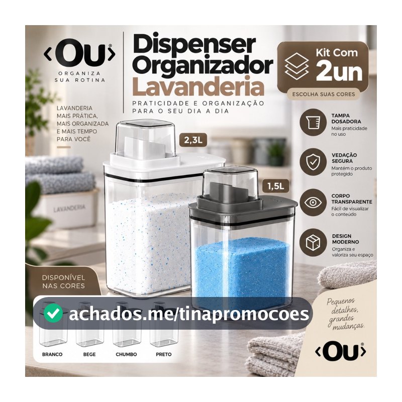 Kit 2 Dispensers Flow OU Lavanderia 1,5L e 2,3L Pote Organizador com Tampa Dosadora