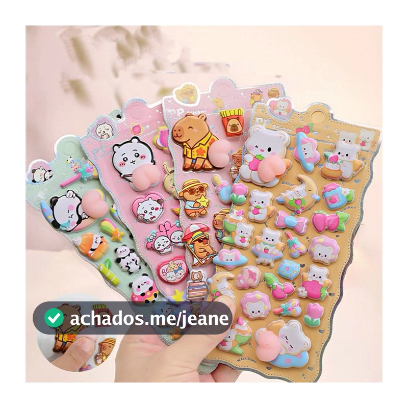 Cartela de adesivos 3D Squishy de Bumbum Anti-stress Kawai Adesivo Capivara Coelho Panda Gatinho Unicórnio