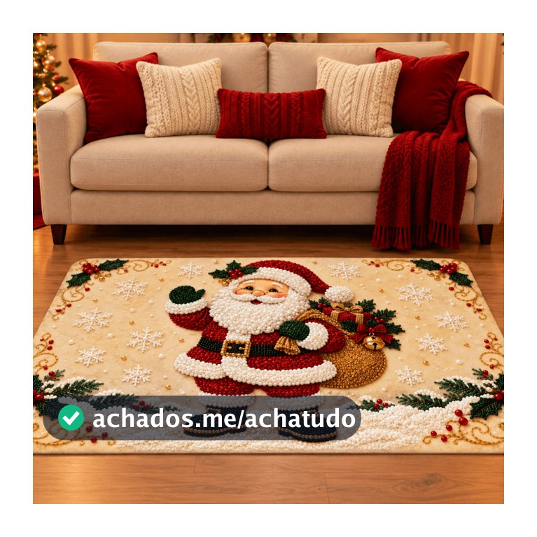 Tapete de Sala Natalino Emborrachado Antiderrapante 118x78cm Decorativo Natal Merry Christmas para Sala e Quarto